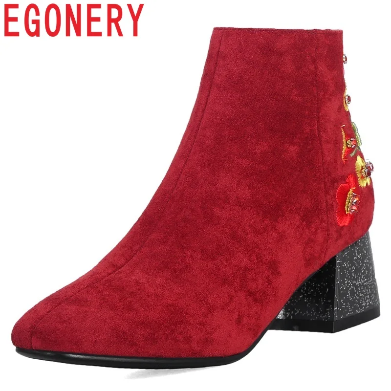 

EGONERY 2018 new fashion embroider flock women shoes four colors high square heel zipper square toe winter warm ankle boots