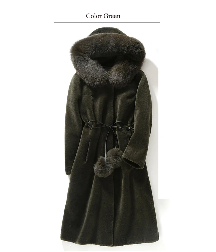 Заводская цена Горячая скидка настоящая овечья шерсть верхняя одежда с натуральным лисьим мехом воротник длинное пальто с шариками TSR149
