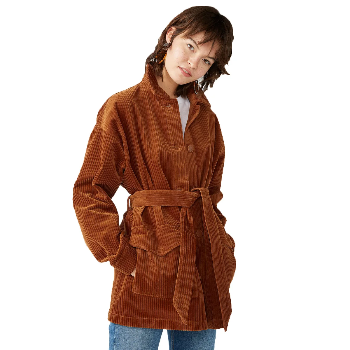 

Simple Retro Style Corduroy Collar Single-row Buckle Waistband Knotted Overcoat Woman 2019 Adjustable Waist Coat Clothes Women