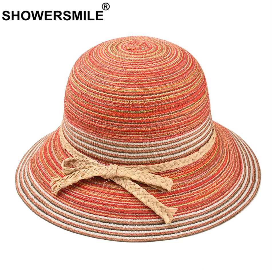 

SHOWERSMILE Stripe Bucket Hat Women Colorful Straw Sun Hat Female Orange Summer UV Protection Bowknot Kawaii Ladies Beach Cap