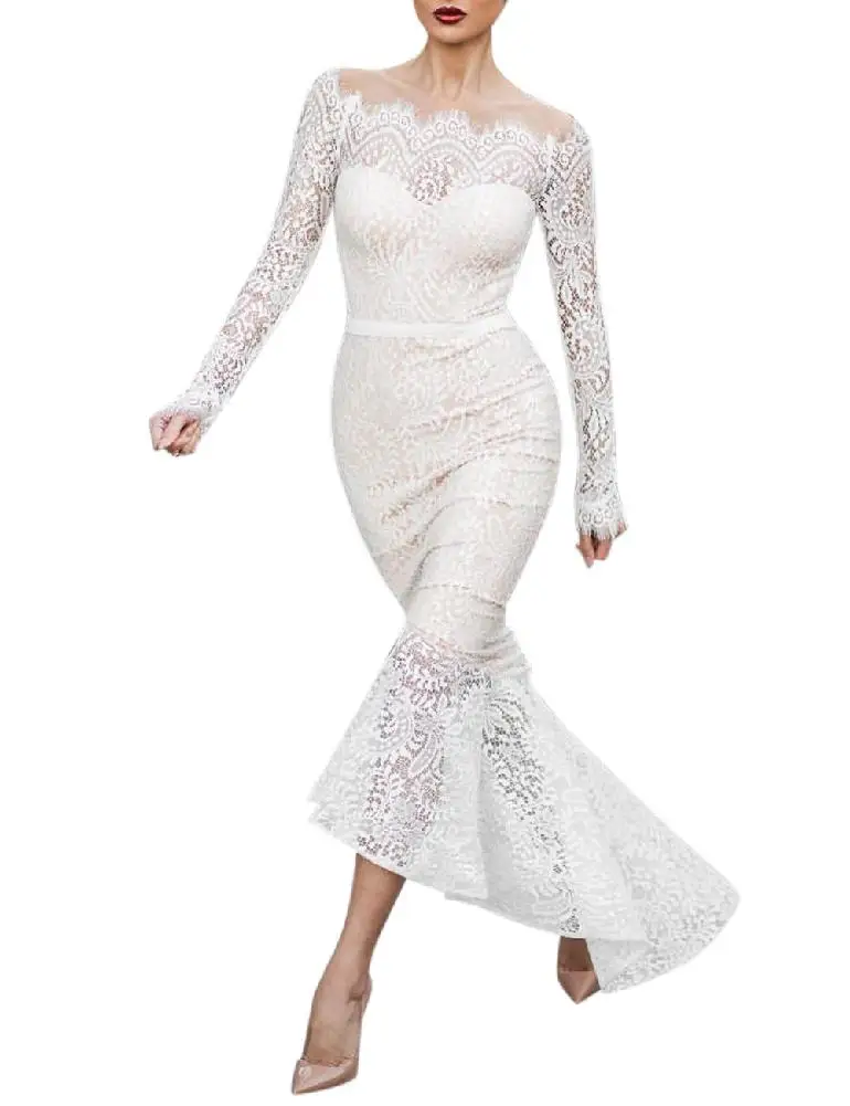 MISSKY Women White Color Sexy Slim Lace Boat Neck Collar Dress Elegant