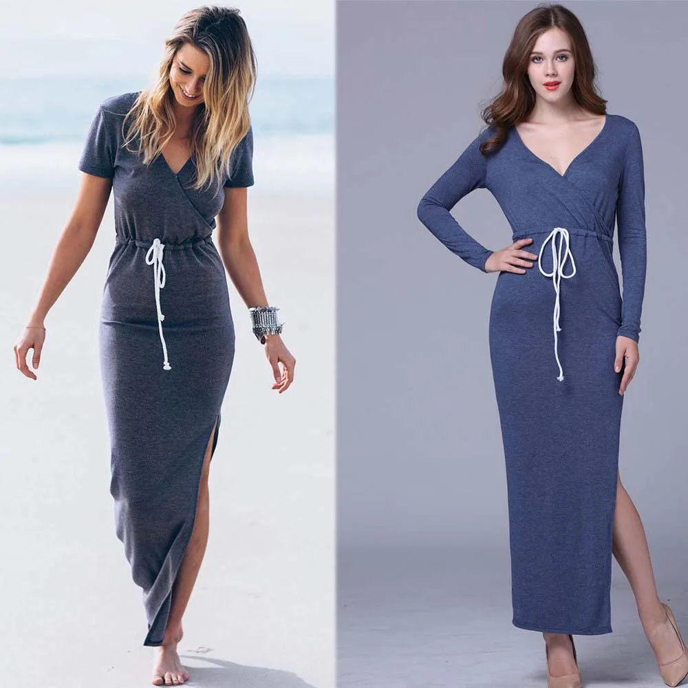 2018-Summer-Autumn-Slim-Open-Slit-Long-Sleeve-V-Neck-Ankle-Length-Sashes-Dresses-High-Quality (1)