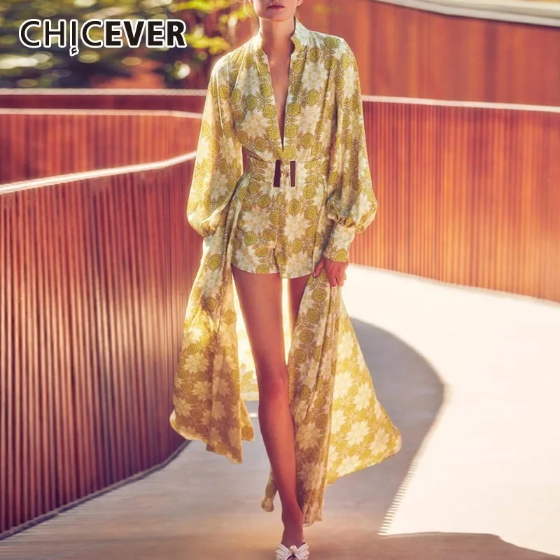 

CHICEVER Summer Vintage Print Women Two Piece Suit V Neck Lantern Sleeve Sashes High Waist Playsuits With Mid Calf Skirts Sets