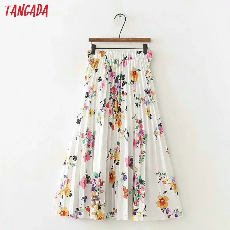 Tangada плиссированная юбка юбка плиссе юбка миди юбка ниже колена юбка с цветочным принтом юбка с цветами шифоновая юбка летняя юбка юбка-трапеция XD356