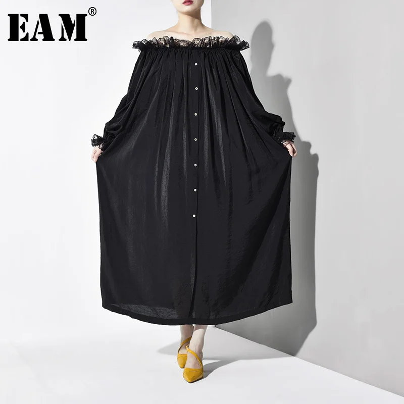 [EAM] Новое весенне-осеннее платье с вырезом лодочкой и длинным пышным рукавом, кружевное платье на пуговицах, плиссированное свободное платье большого размера, Женская мода JZ0440