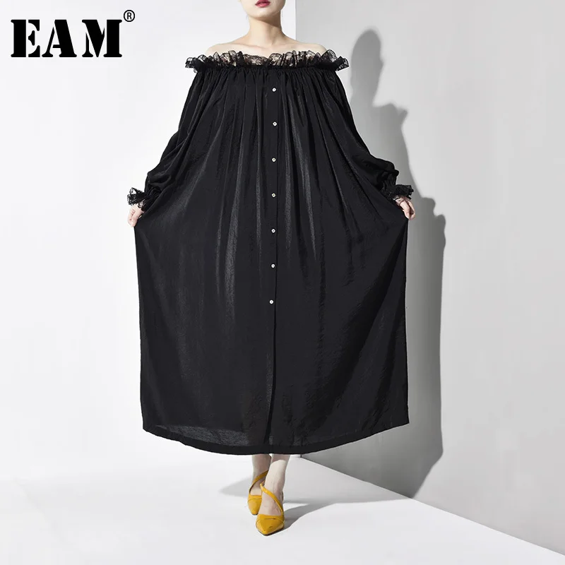 

[EAM] 2019 New Spring Autumn Slash Neck Long Puff Sleeve Lace Button Stitch Pleated Loose Big Size Dress Women Fashion JZ0440