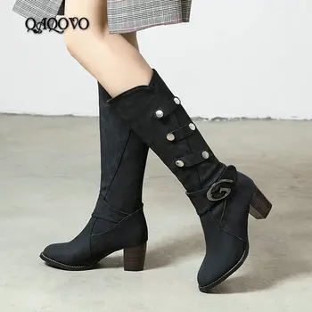 

Fashion Knee High Boots Women Square High Heels Western Cowboy Boots Autumn Winter Boots Slip On Ladies Shoes Big Size 34-44