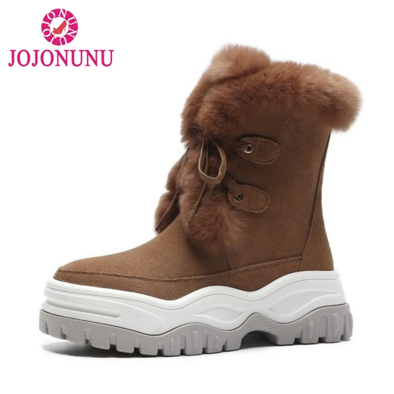 

FITWEE Women Genuine Leather Snow Boots Lace Up Plush Fur Winter Shoes For Women Platform Warm Wedge Half Boots Size 34-40