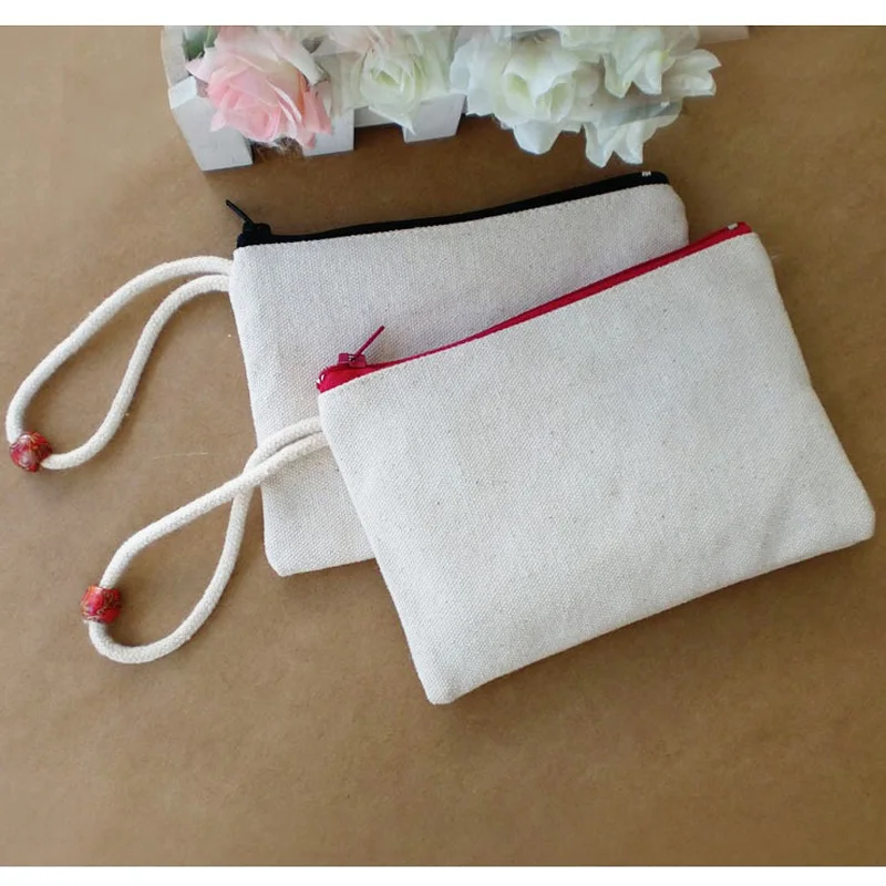 

15cmx10.5cm blank canvas zipper pouches With Hand rope cotton cosmetic Bags makeup bags Cotton canvas coin purse Custom logo