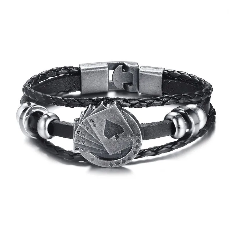

Lucky Vintage Men's Punk Leather Bracelet Playing Cards Raja Vegas Charm Multilayer Braided Retro Women Bangles Pulseira