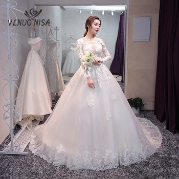 

High Grade Simple Lace Wedding Dress Elegant O-Neck Backless Vestido De Novia Full Sleeve Wedding Gown Real Photo Bridal Gown 20