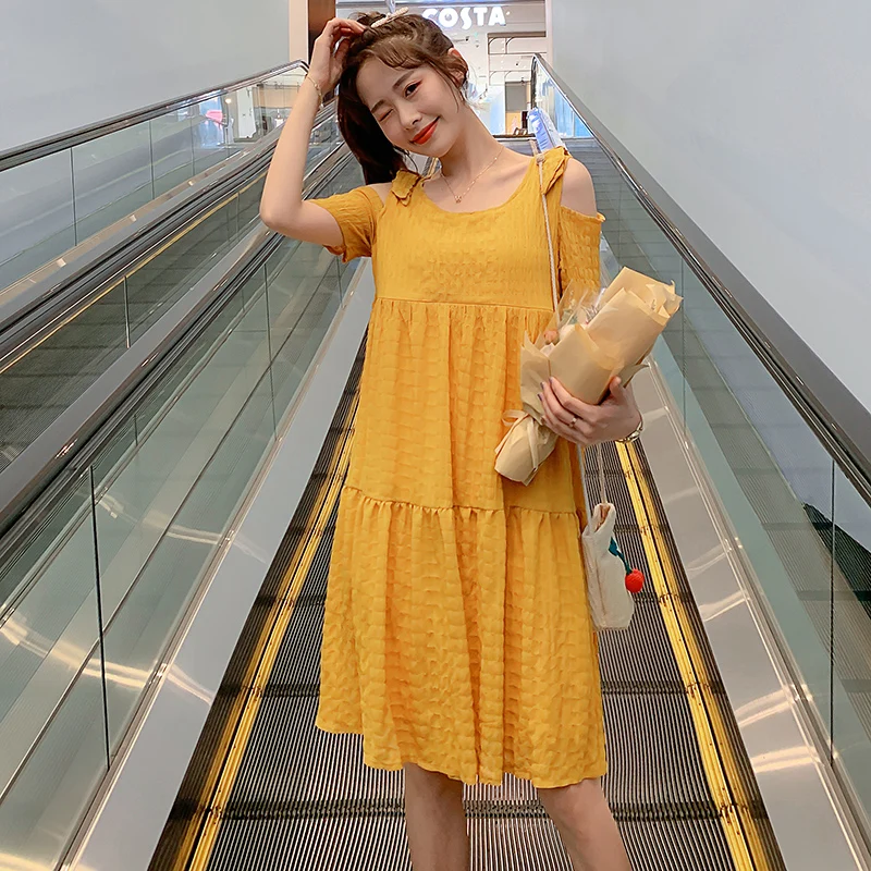 

6321# Summer Korean Fashion Maternity Nursing Dress Breastfeeding Clothes for Pregnant Women Shoulder Off Pregnancy Clothing