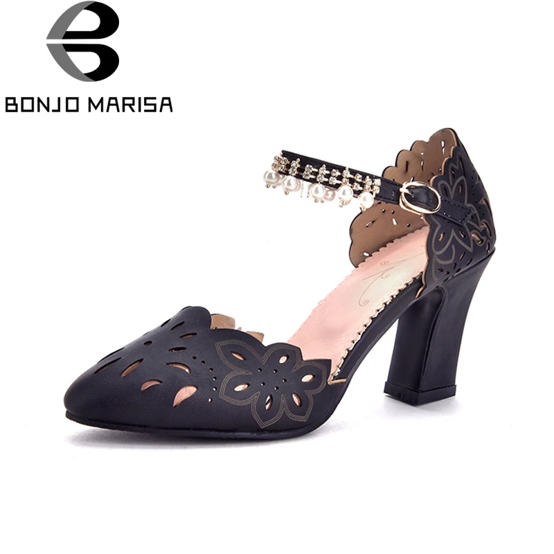 

BONJOMARISA 2018 High Quality Big Size 33-43 Square High Heels Buckle Strap Woman Sandals Woman Pink Black Women Shoes