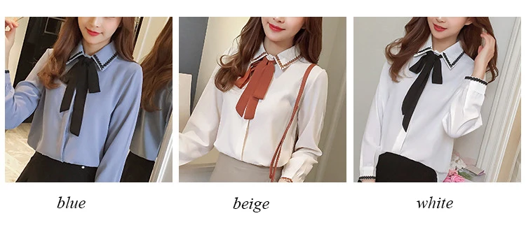Кружевные с галстуком-бабочкой, вышивка листьев, блузки для женщин,, длинный рукав, шифон, Офисная Женская блузка, отложной воротник, Элегантные корейские Топы