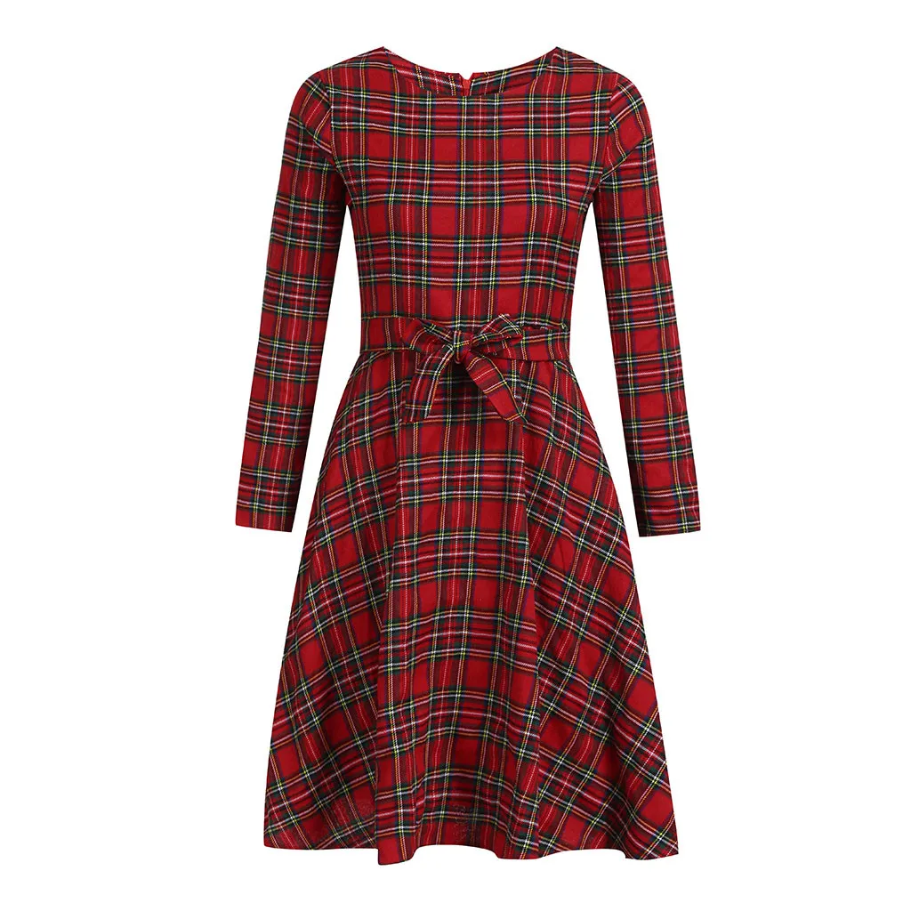 

JAYCOSIN Formal Dress Women Elegant Polyester Round Neck Plaid Long Sleeve Loose Knee-Length Dress Spring New Fashion Clothes