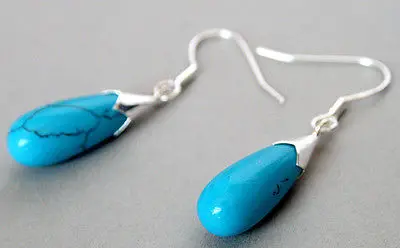 

Free shipping Handmade Pair Blue Turquoise &925 Sterling Silver Drop Dangle Earrings