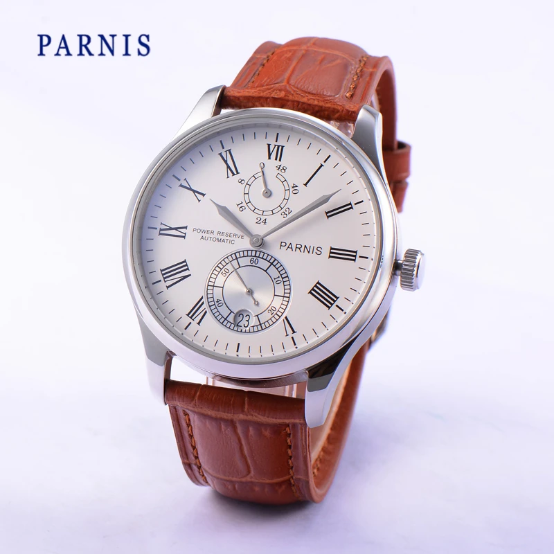 42mm Parnis Seagull 2542 Movement Automatic Power Reserve Men s Watch White Dial with Silver Hands