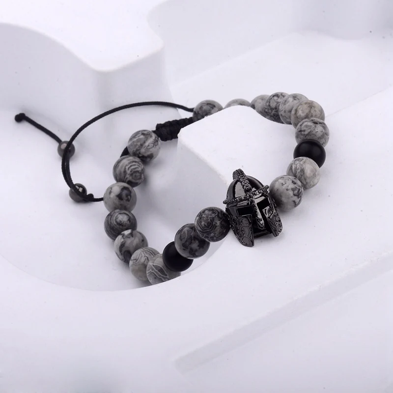 

Amader 2018 Soldier Helmet CZ Beads Braiding Macrame Charm Bracelet Men Natural Gray Stone Beads Bracelets Homme ABL009