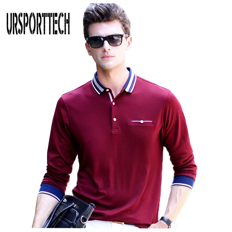 online Primavera Outono Camisas Polo dos homens Com Bolso de Manga Longa para homens Camisa Pólo Camisas Polo Business Casual Sólidos Slim Fit Polo camisas