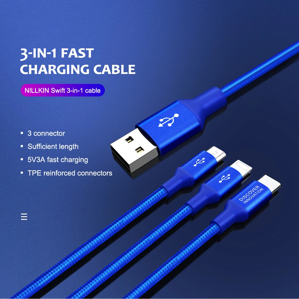 

Nillkin usb cable 3 in 1 Micro + Type C + for iPhone for Xiaomi 9 Redmi note 7 Pro for Samsung galaxy S8 S9 for Huawei Charging