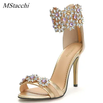 

Mstacchi Sweet Gold Ankle Strap Stiletto Heels Women Sandals Summer Peep Toe High Heels Wedding Shoes Bling Crystal Women Pumps