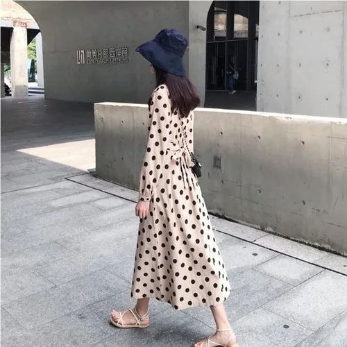 

Vintage Korean Full Sleeve Dot Ankle-length Women Dress O-neck Casual Brief Women's Clothing Artistic Elegant Dresses Woman