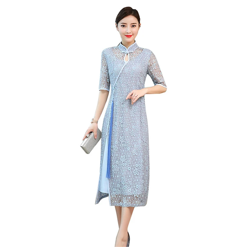 

Woman Traditional Vietnam Ao Dai Lace Up Hollow Vintage Dress Embroidery Graceful Stand Collar Cheongsam Evening Dress