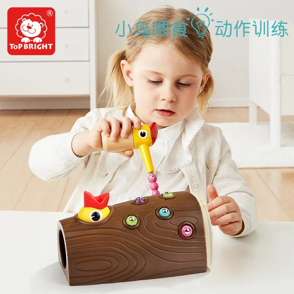 

Early childhood educating children boys and girls magnetic fishing catching insects toy birds eating insects and pecking woo