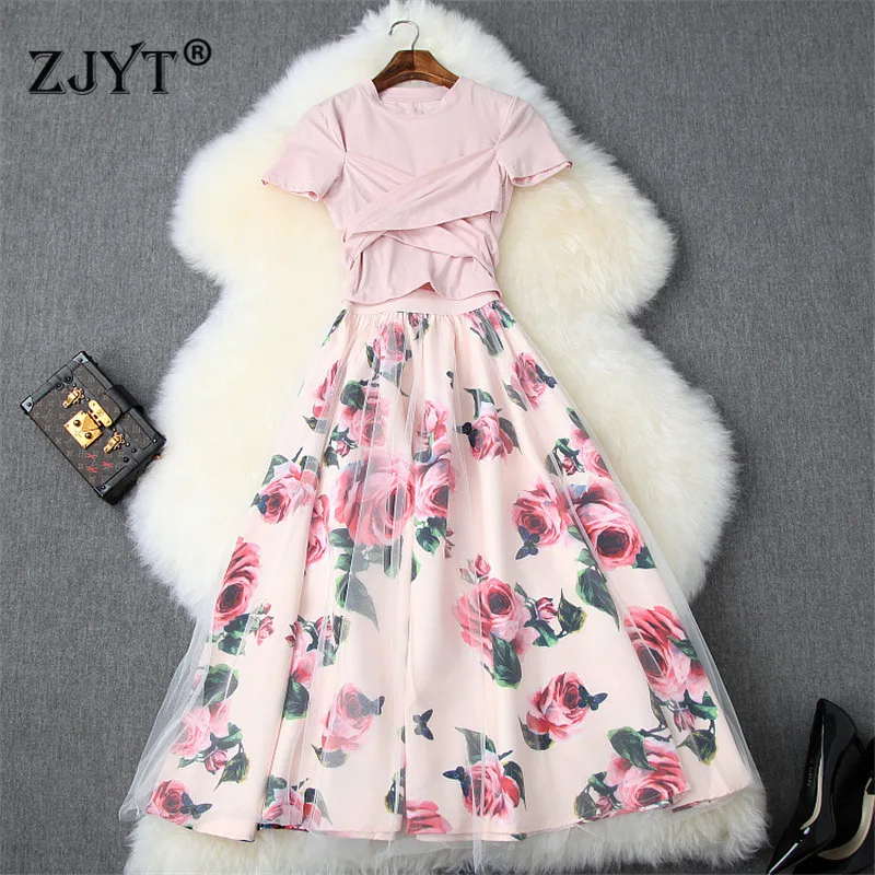 

2019 Summer Designer Women Two Piece Set Runway Fashion Outfits Bandage Crop Top and Floral Tulle Skirt Suit Matching Sets