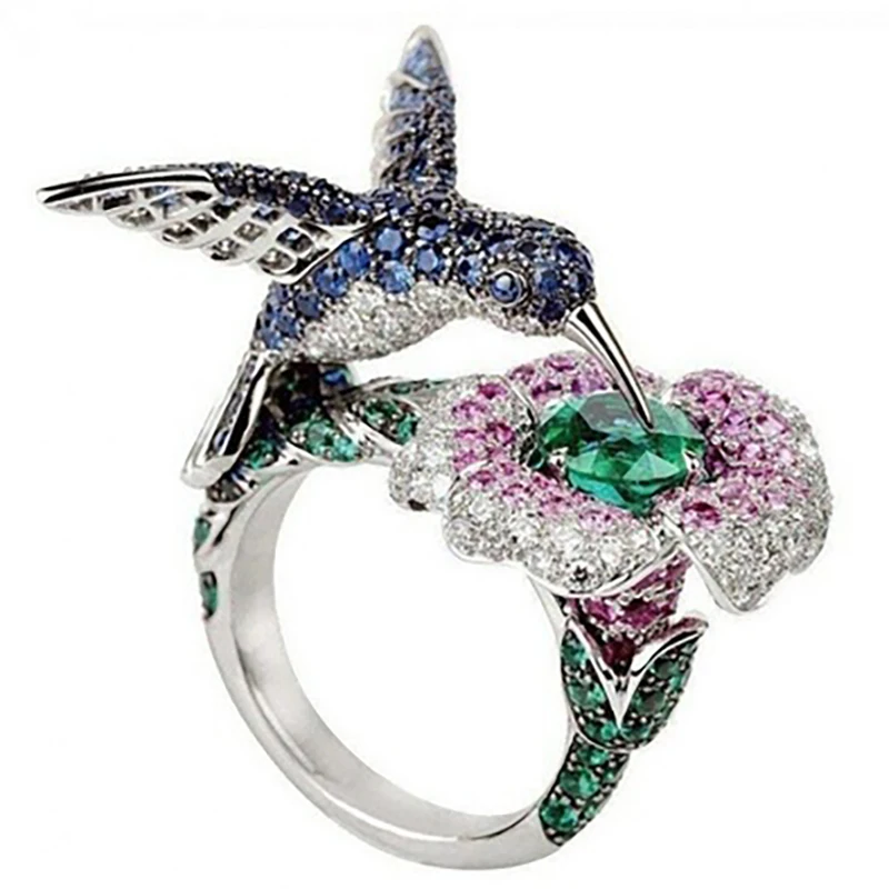 

Jewelry ring fashion inlaid zircon ring luxury creative hummingbird flower ring men's and women's holiday Christmas jewelry gift