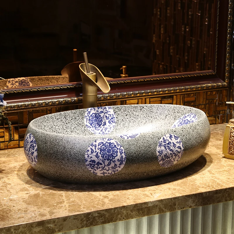 Oval Handmade China Artistic Art wash basin Ceramic Counter Top Wash Basin Bathroom Sinks blue and white handmade bathroom sinks (19)