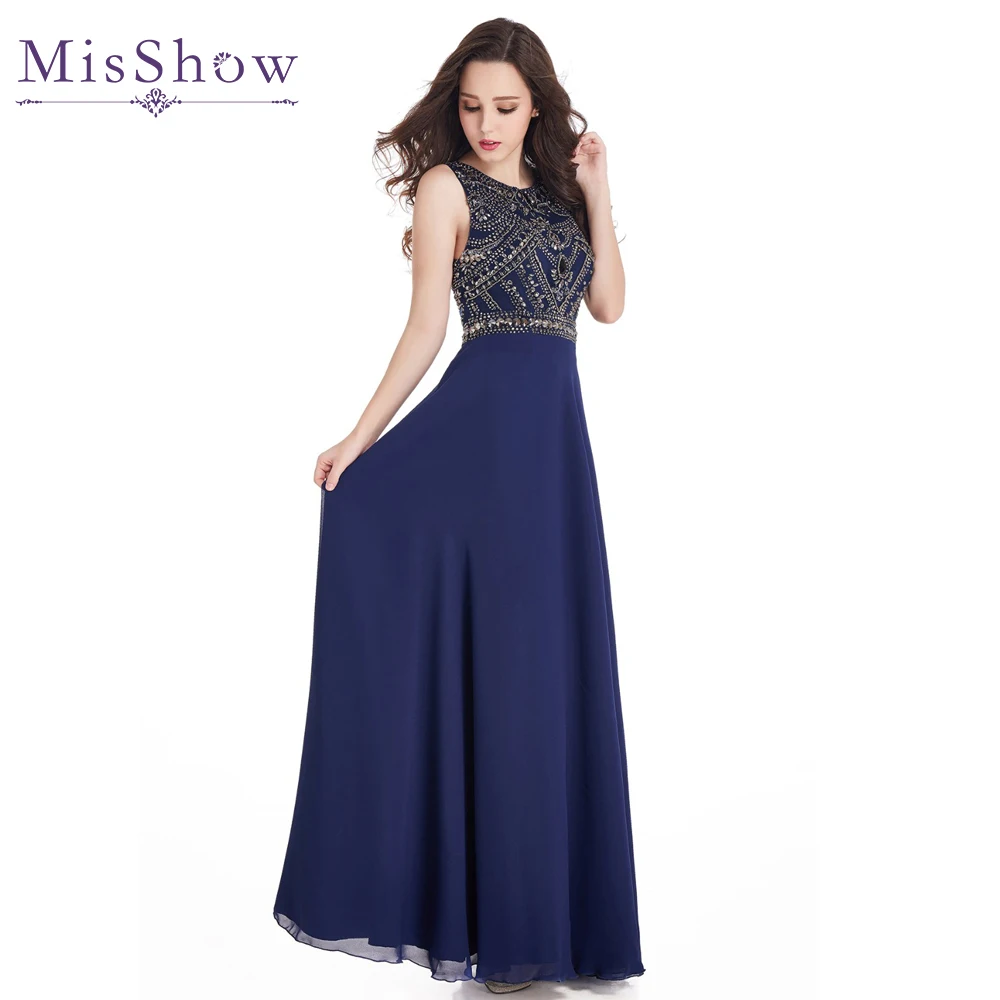

2019 Long Prom Dresses A Line Scoop Neckline Luxury Crystal Beaded Navy Blue pink Chiffon New Arrival Formal Gown Party Dresses