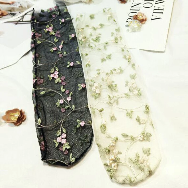 

Women Lace Mesh Fishnet Flower Embroidery Short Hosiery Floral Stockings
