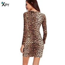 [XPY]Women Dress Casual Long Sleeve Sexy V Collar Summer Dress Sheath Bracelet Leopard Print Mini Sexy Dress