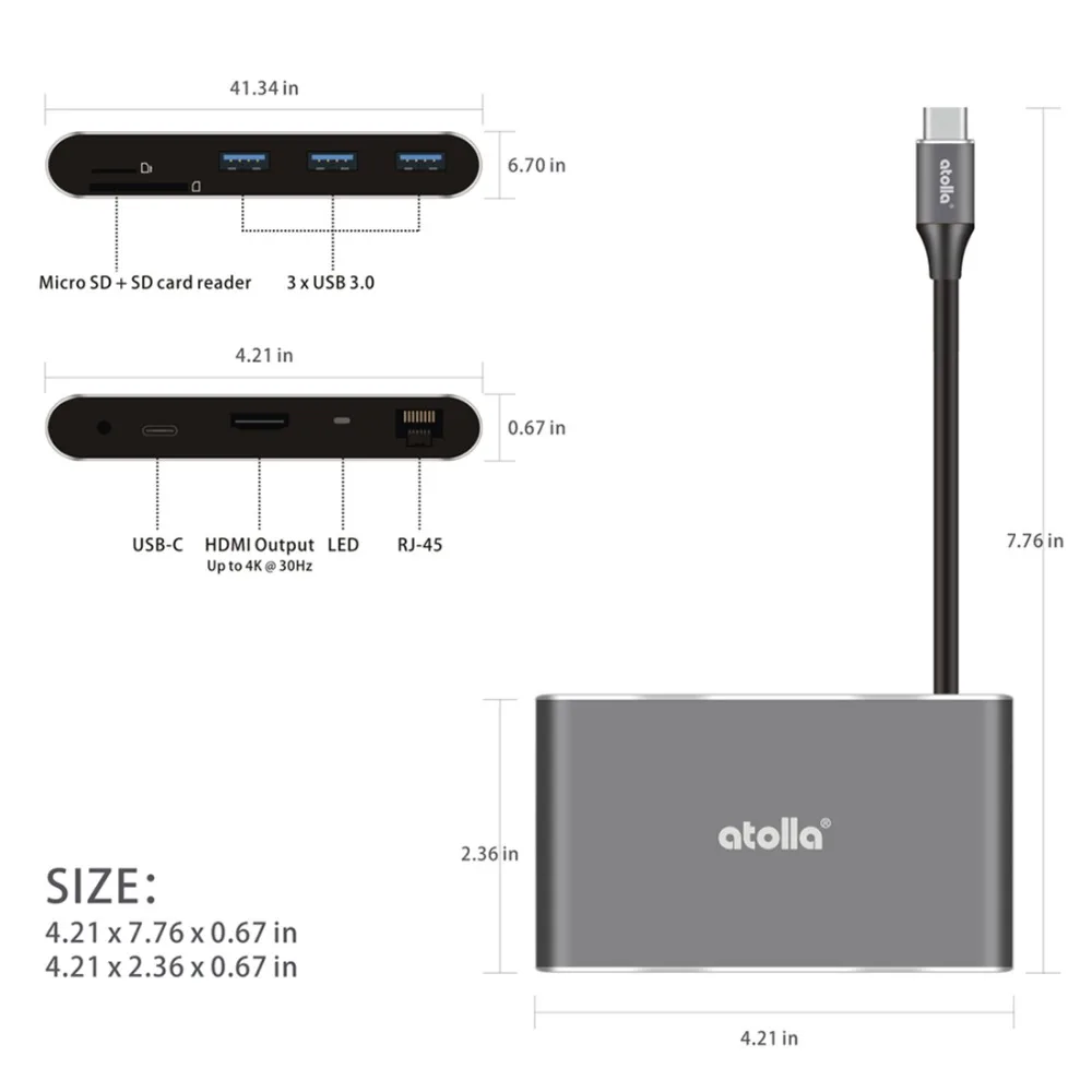 Atolla USB 3 1 концентратор 8 в C HDMI и Ethernet Алюминиевый адаптер 4K порт гигабитный SD/TF