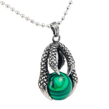 Natural Stone Malachite Dragon Claw Pendant With 15MM Big Gem Stone Ball Beads Alloy Man Woman Pendant Necklace Fashion Dragon