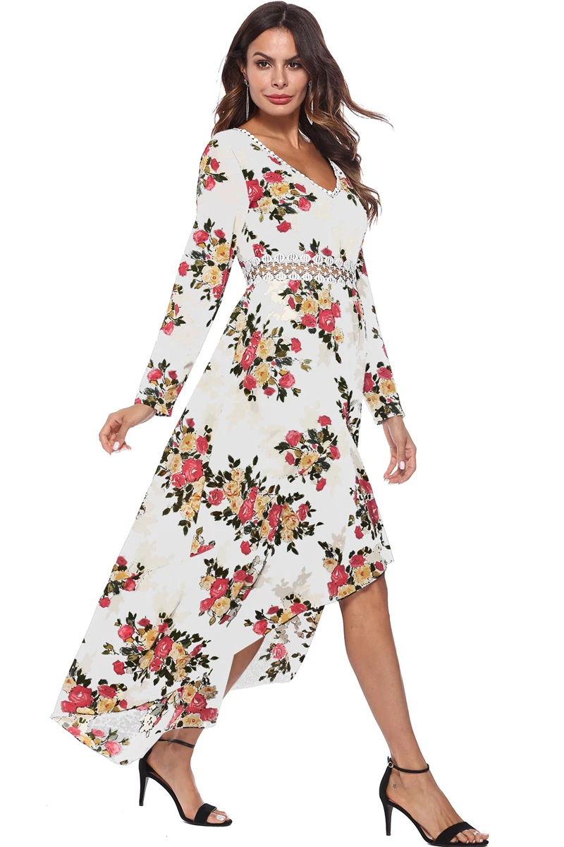 Floral Print Long Women Dress V-Neck Long Full Sleeve Spring Dress Sexy Hollow Out Waist Personality Western Style Gilr Clothes-XQ-07