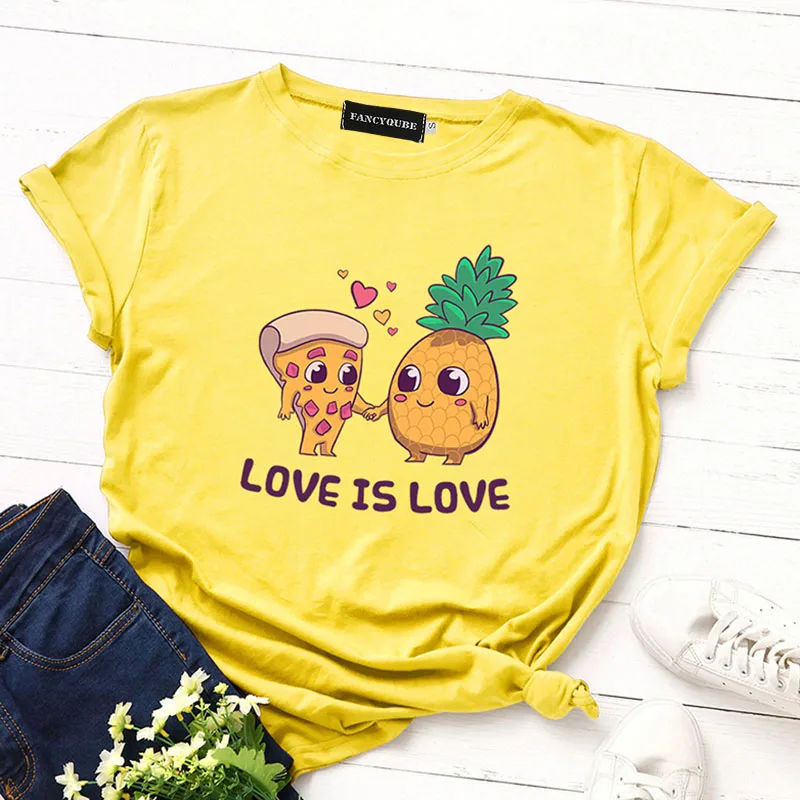 

Love Is Love Pizza And Pineapple Slut Funny White T-shirt Womens New Designs Summer Style Cotton T Shirt Top Tees