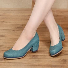 Big Size Autumn Handmade Women High Heel Shoes Genuine Leather Pumps Plaid Round Toe