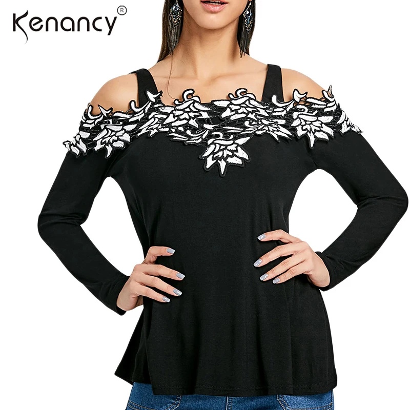 Ceny Kenancy 2XL Haftowane Kwiaty Aplikacje Przycięte Otw oacute;rz Ramię Top Bts Kobiety Z Długim Rękawem Blusas Slim 3 Kolory Bluzka Cały Mecz