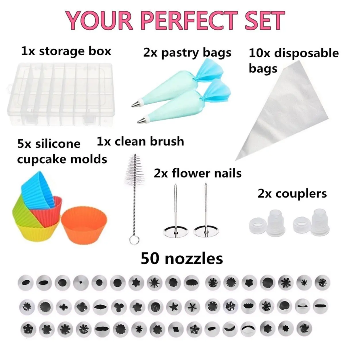 

73Pcs/Set Dessert Decorators Silicone Icing Piping Tips Cream Pastry Bag+50 Stainless Steel Nozzle Set DIY Cake Decorating Tools