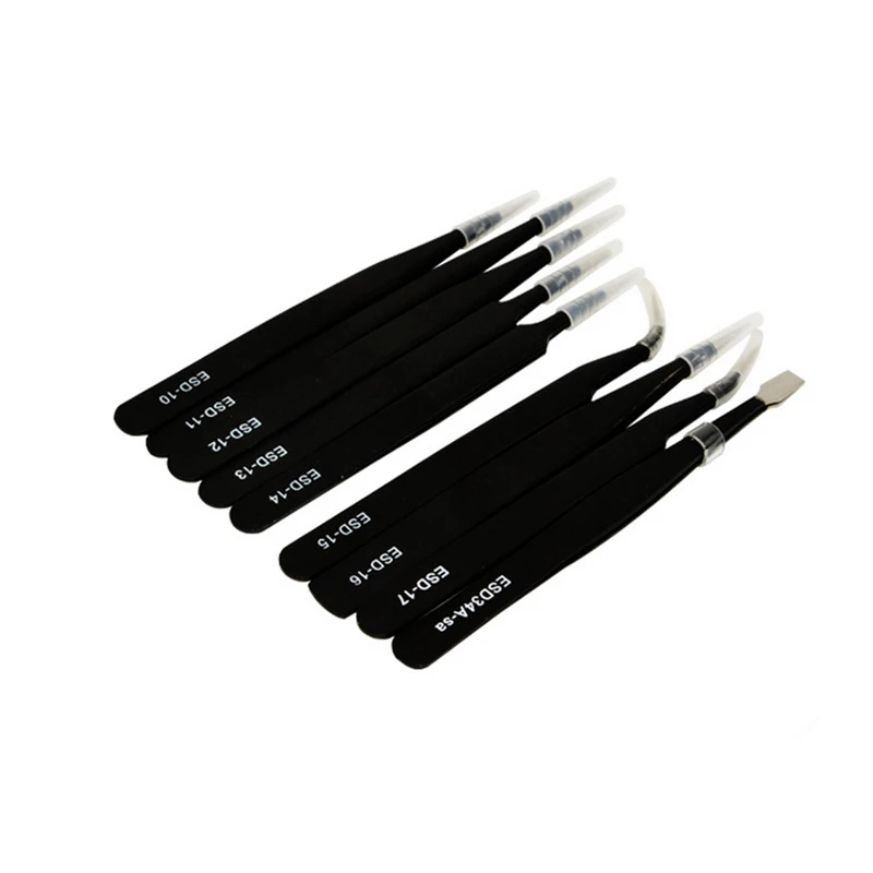 9Pcs ESD Precision Tweezers Tools Kit Anti-static Stainless Steel Tweezers with Storage Bag for Lab Electronics Jewelry