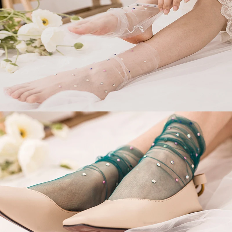 

SP&CITY Fashion Transparent Rhinestome Shiny Socks Short Summer Thin Harajuku Socks Women Pink Hollow Out Ankle Socks Hosiery