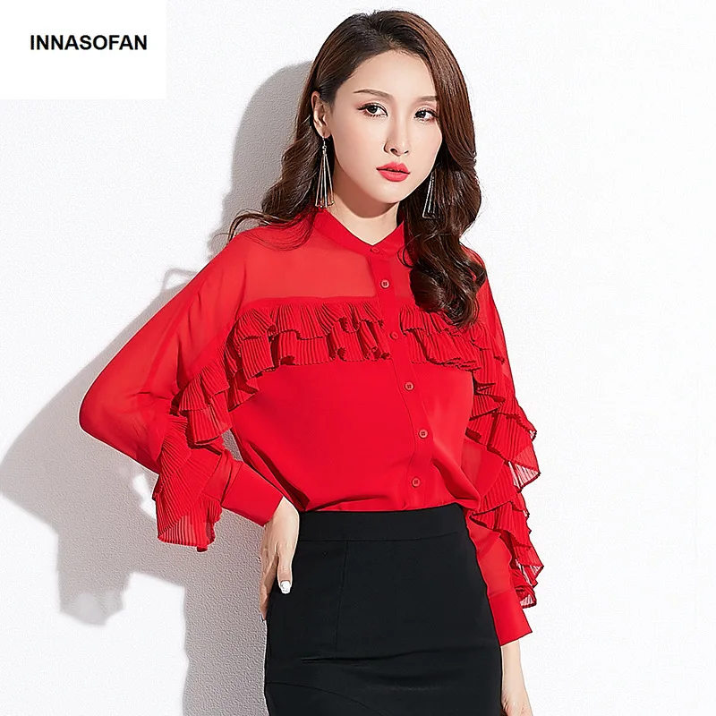 INNASOFAN OL Women's shirt Spring-summer chiffon blouse Euro-American fashionable chic long-sleeved shirt and shuttlecocks