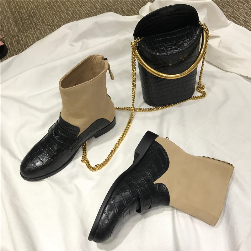 

2019 New Spring Autumn Shoes Woman Leather Ankle Boots Back Zip Woman Casual Flat Boots Designer Mujer Boots Woman Boots Tide