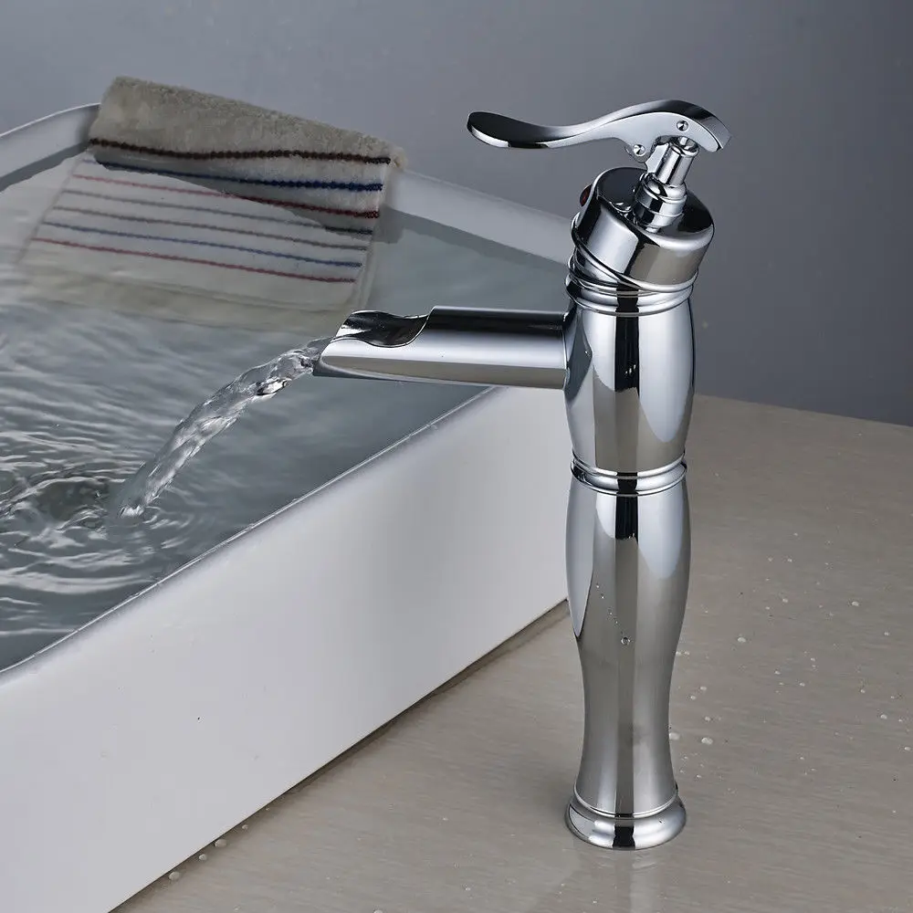 Waterfall Spout Basin Faucet Single Hole Bathroom Faucet Chrome Deck Mounted Vessel Sink Faucet Hot Cold Mixer Tap Waterfall Spout Basin Faucet Single Hole Bathroom Faucet Chrome Deck Mounted Vessel Sink Faucet Hot Cold Mixer Tap