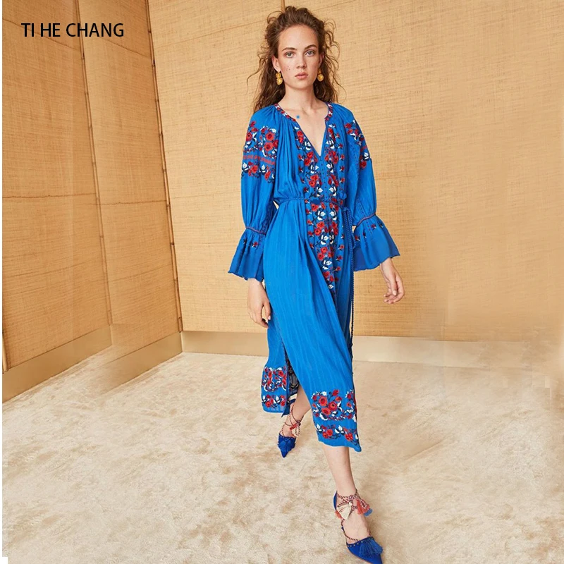 

women midi dress summer spring vintage Retro embroidery bohemian sexy beach casual loose flare sleeve runway dress vestidos