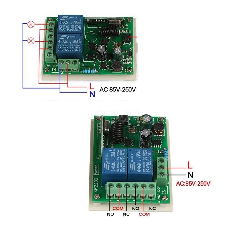 50 개/몫 433 Mhz 범용 무선 원격 제어 스위치 AC 85V  250V 110V 220V 2CH 릴레이 수신기 모듈
