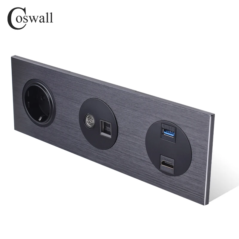 Coswall Panel de pared de aluminio enchufe de la UE + conector de TV hembra con salida de Internet