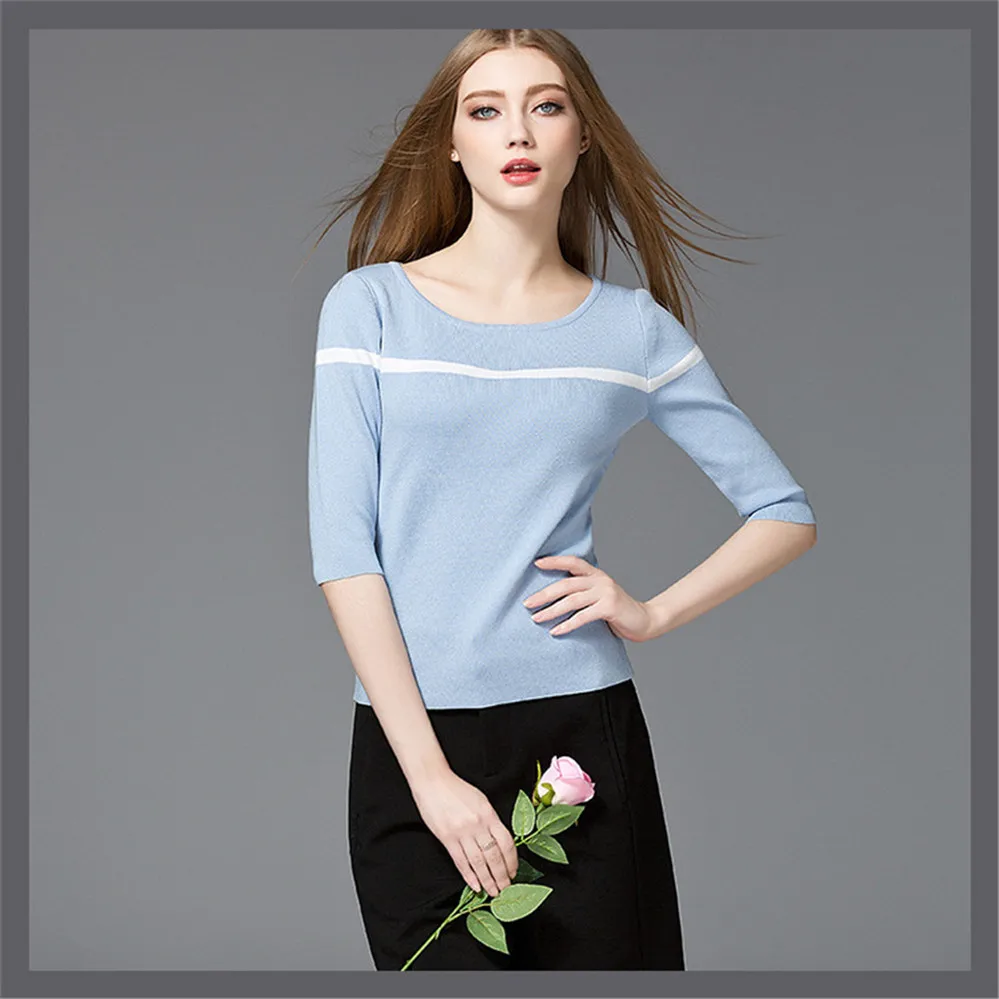 Women Knitting Shirt 2017 Spring Half Sleeve Knitted t-shirt O-neck Thin Slim Solid Shirt Top Female Basic Pullover Blouse (10)